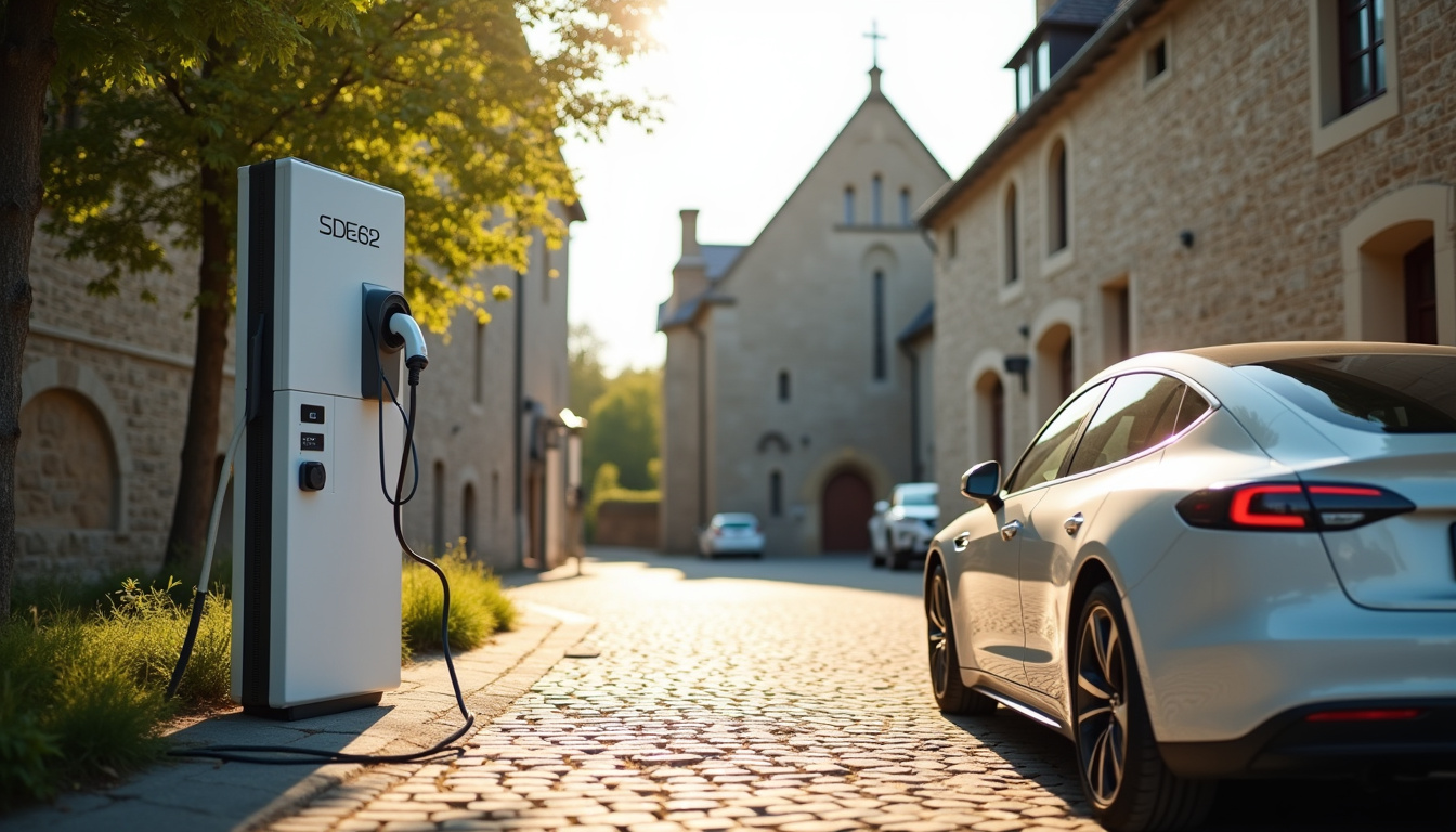 Borne de recharge SDE82 située derrière l’église de La Ville-Dieu-du-Temple, rue du château d’eau