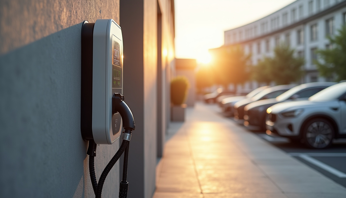 Borne électrique installée dans un parking d'entreprise à Gueux