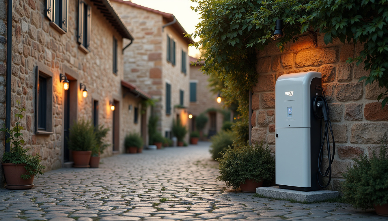 Borne électrique installée discrètement dans une zone protégée respectant l'architecture locale