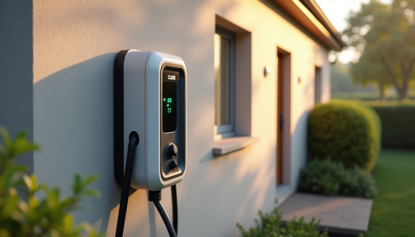 Borne électrique murale installée sur la façade d'une maison à Branges