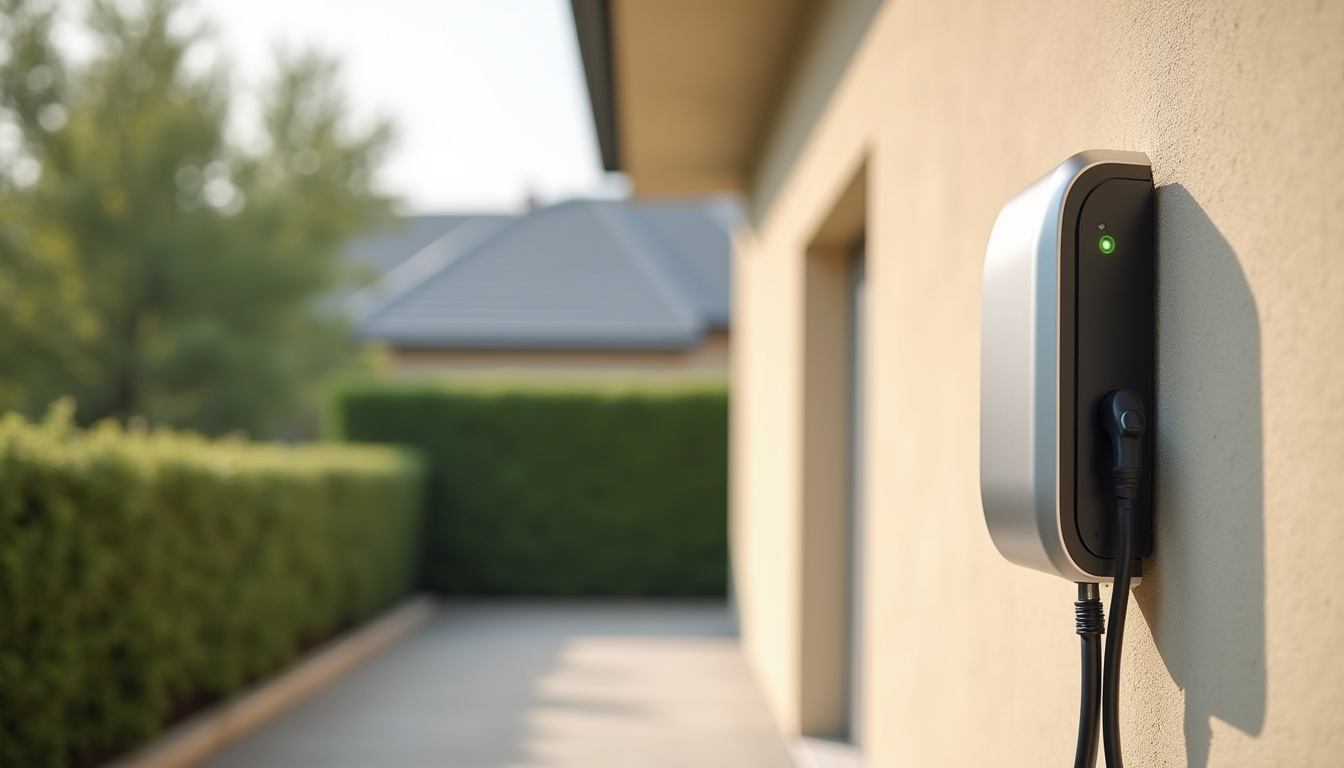 Borne électrique murale installée sur un mur extérieur à Étupes