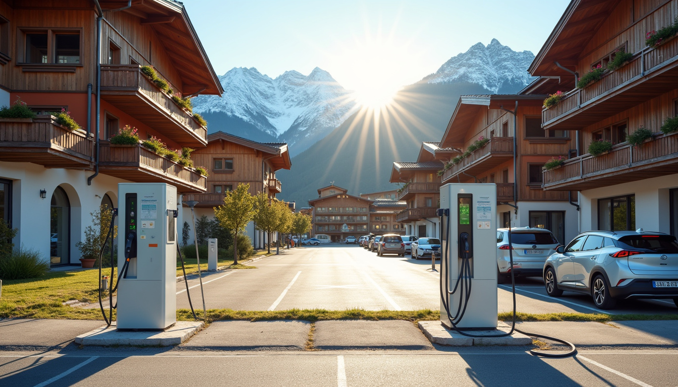Bornes de recharge électriques installées en centre-ville de La Clusaz, visibles près d'un parking communal