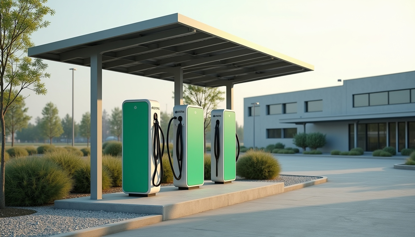 Bornes de recharge publiques à Javené, situées dans une zone d'activité près d'un bâtiment commercial