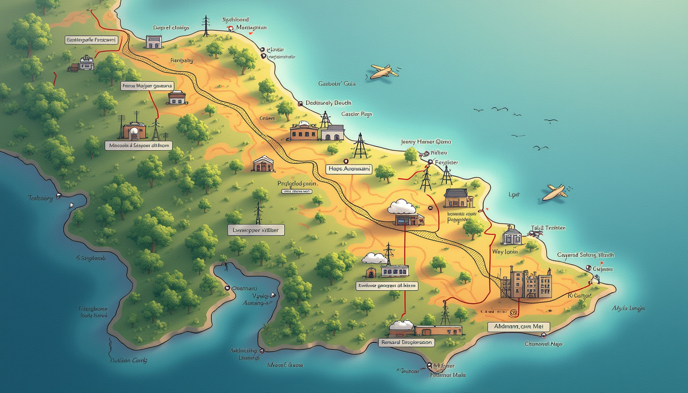 Carte illustrant le réseau électrique de la Guyane avec les principales zones de production et de consommation