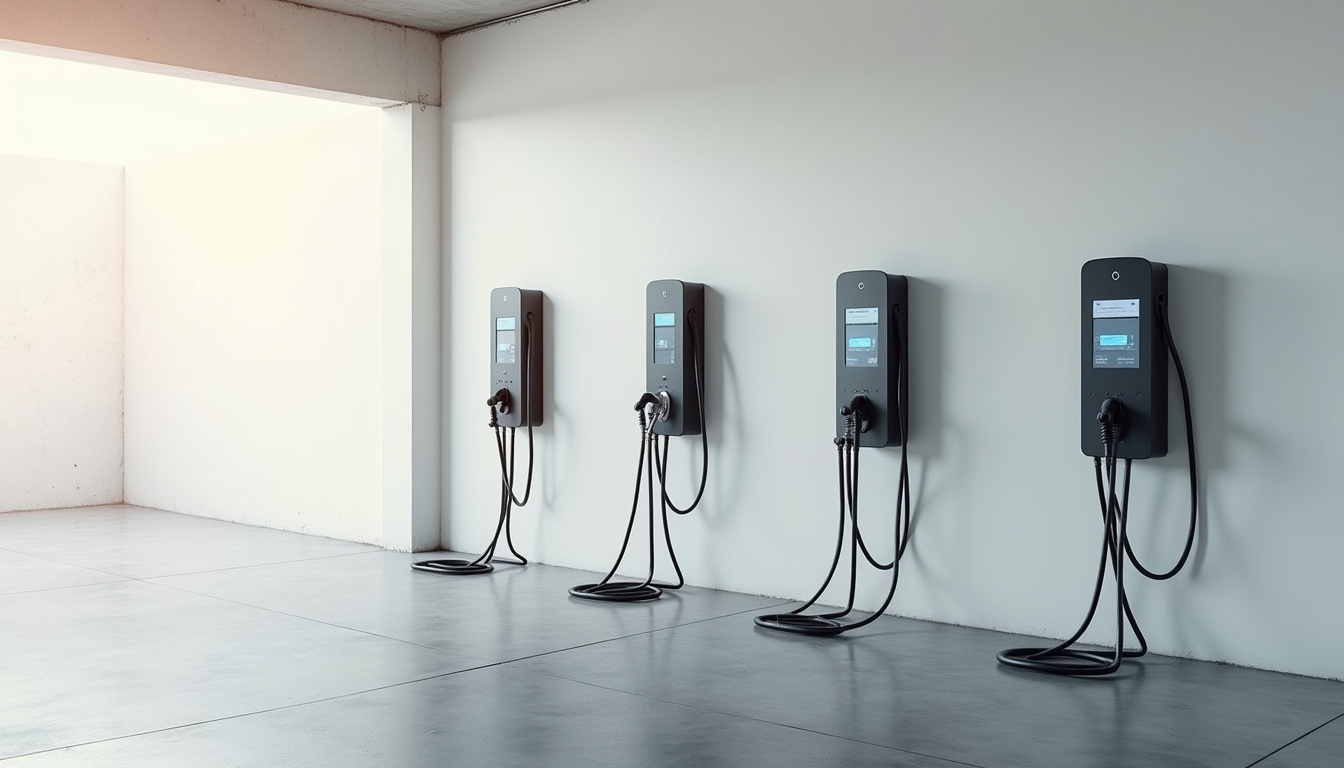 Comparaison de plusieurs modèles de bornes de recharge électriques posées côte à côte