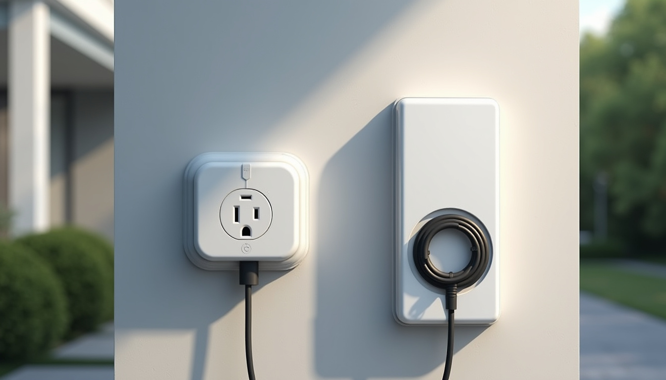 Comparaison entre une prise renforcée Green’Up Access et une borne de recharge murale installée sur un mur extérieur