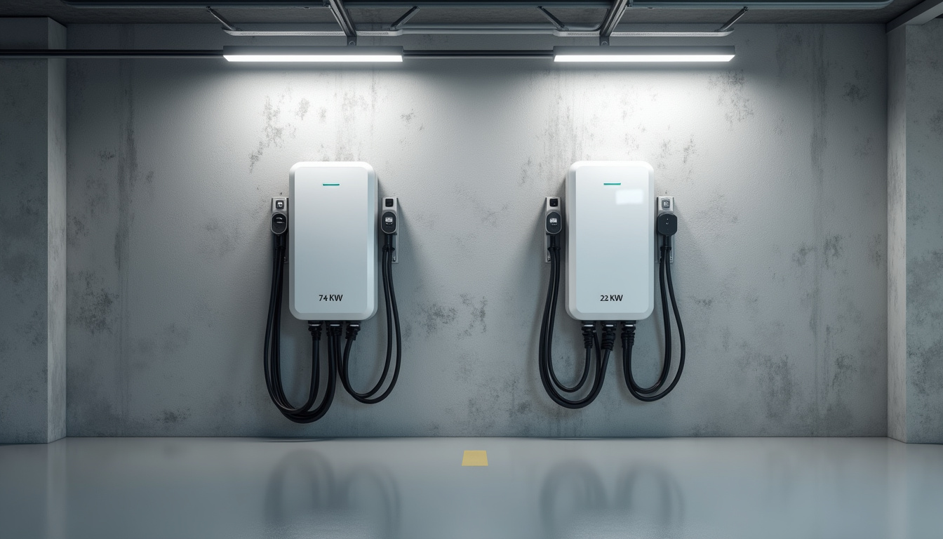 Comparaison visuelle entre une borne 7,4 kW et une borne 22 kW installées côte à côte dans un garage