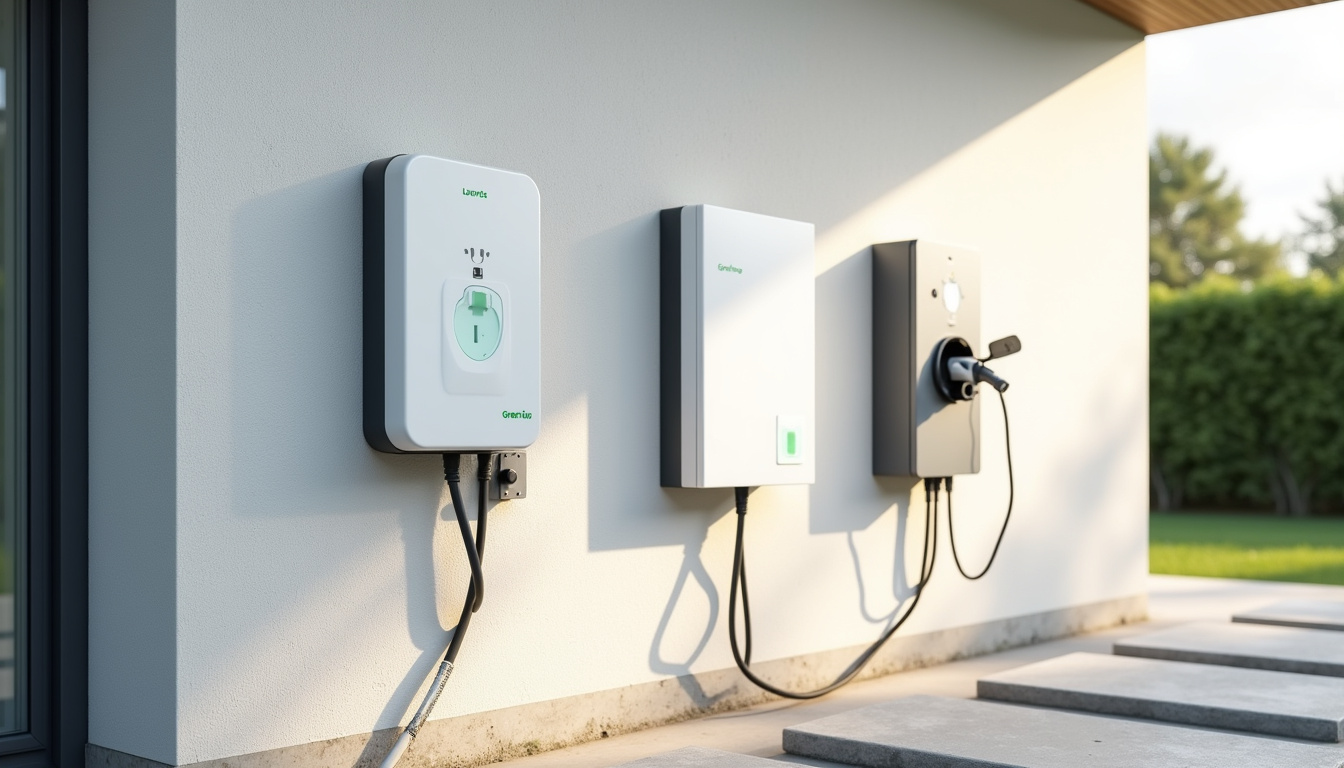 Comparaison visuelle entre une prise renforcée Green'up, une wallbox monophasée et une borne triphasée installées à l'extérieur d'une maison à Paillencourt