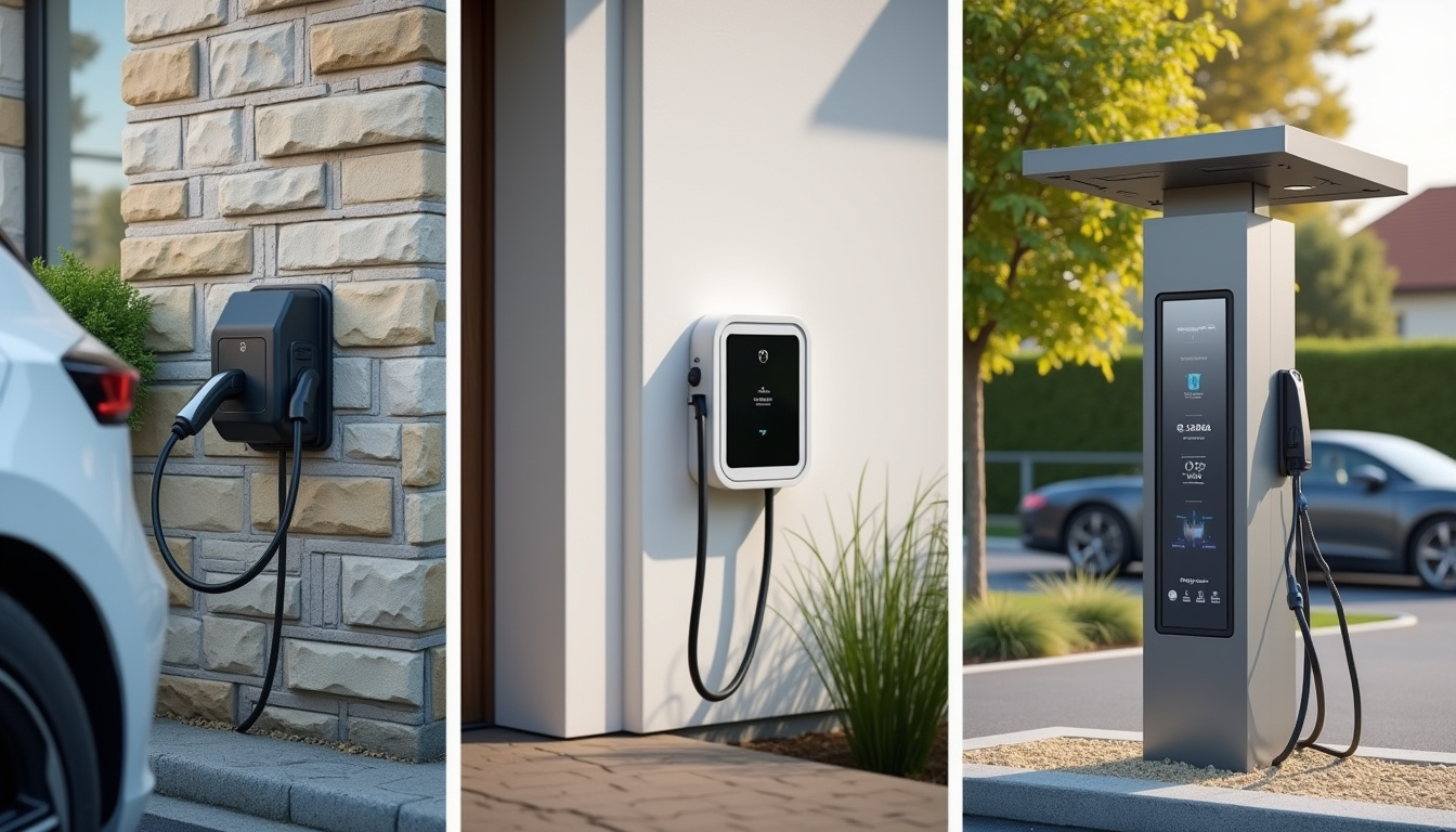 Comparaison visuelle entre une prise renforcée, une borne murale et une borne rapide, installées dans différents environnements