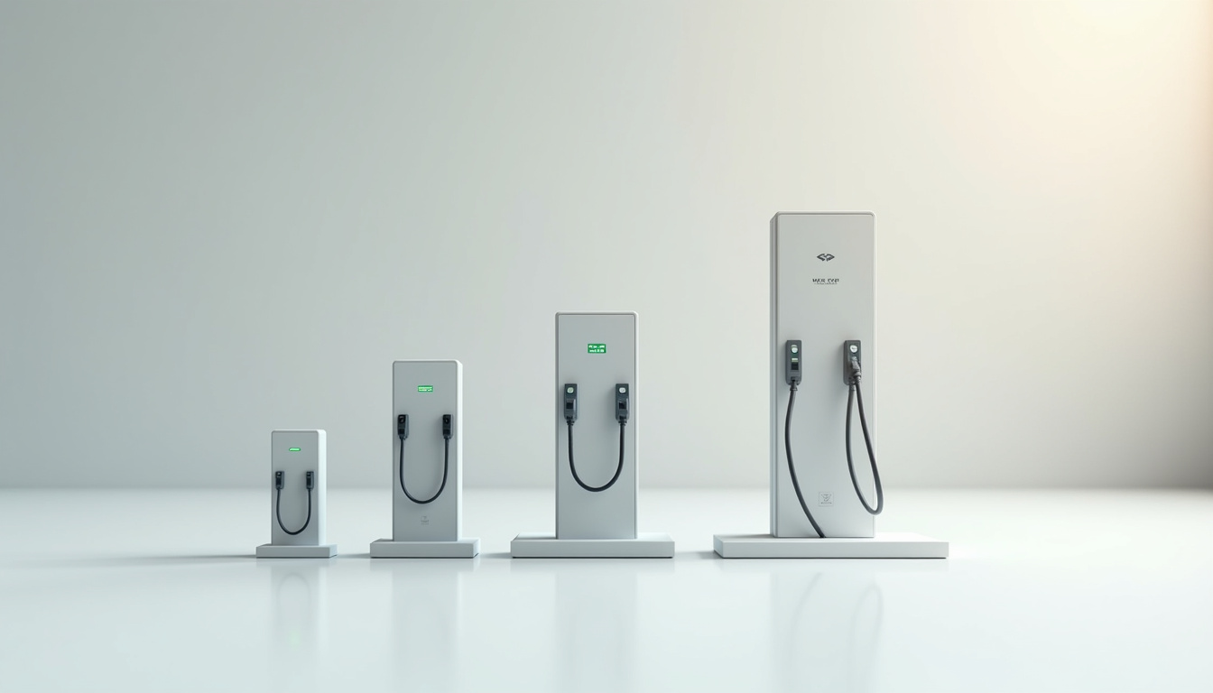Comparatif visuel des différents types de bornes de recharge: 3,7 kW, 7,4 kW, 11 kW, 22 kW