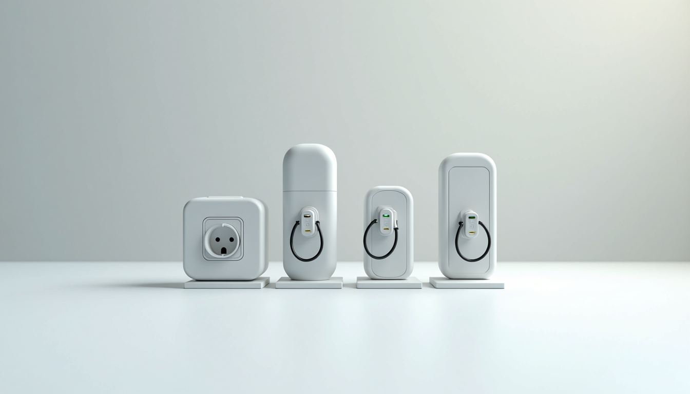 Comparatif visuel des différents types de bornes de recharge: prise renforcée, wallbox, borne intelligente, double wallbox