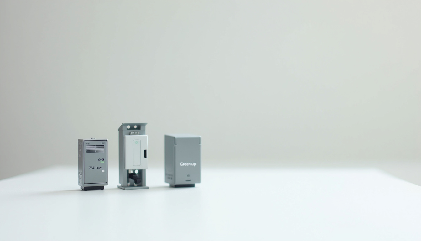 Comparatif visuel des différents types de bornes électriques: wallbox 7,4 kW, borne triphasée 22 kW et prise renforcée Green’up