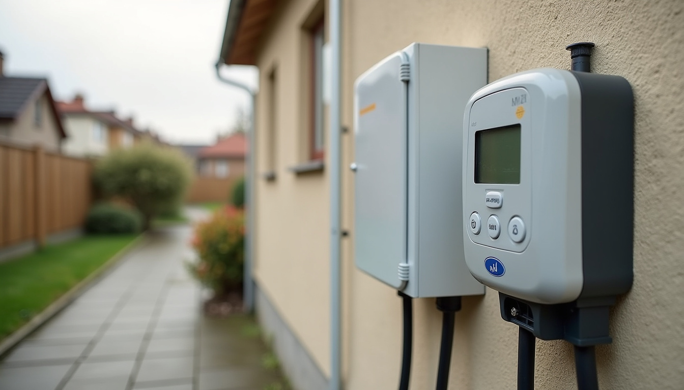 Compteur électrique triphasé et borne de recharge murale installée côte à côte