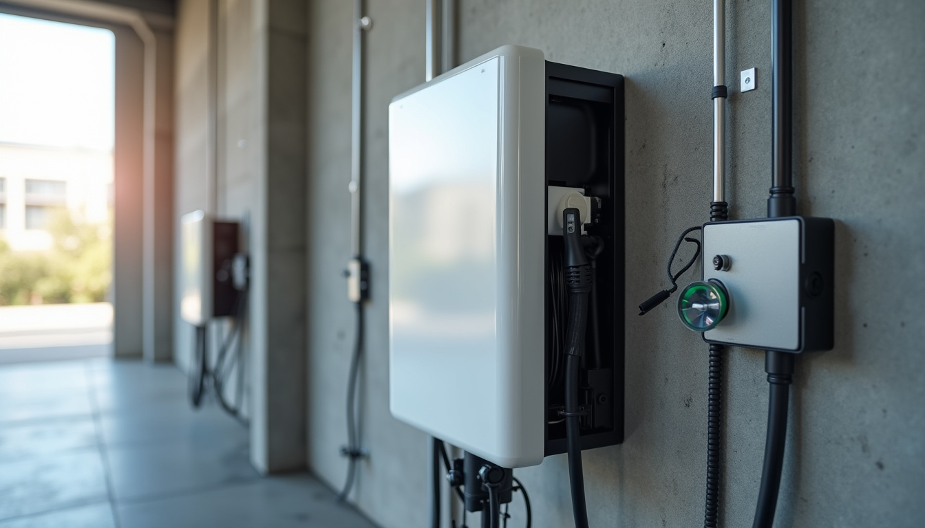 Détail des composants d'une borne de recharge murale et du câblage électrique associé
