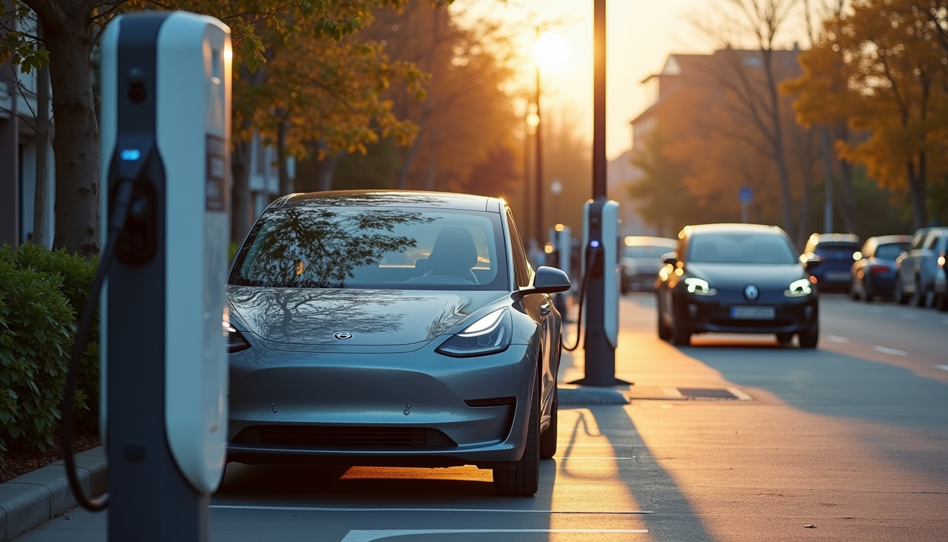 Deux bornes de recharge hybrides installées sur la Place Sainte-Marthe à Stiring-Wendel, avec véhicule électrique en cours de charge