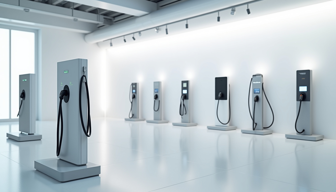 Différents modèles de bornes de recharge électrique pour voitures, exposés en intérieur