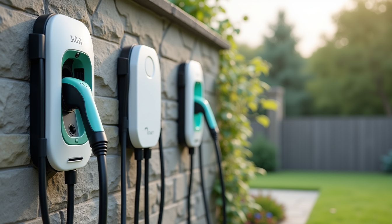 Différents modèles de bornes de recharge pour véhicules électriques posés sur un mur extérieur
