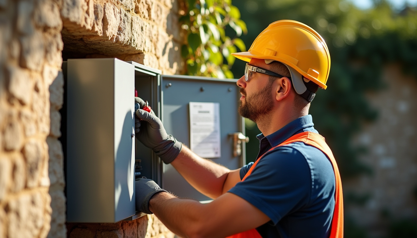 Électricien certifié IRVE en train de réaliser un diagnostic technique avant l'installation d'une borne à Sablet
