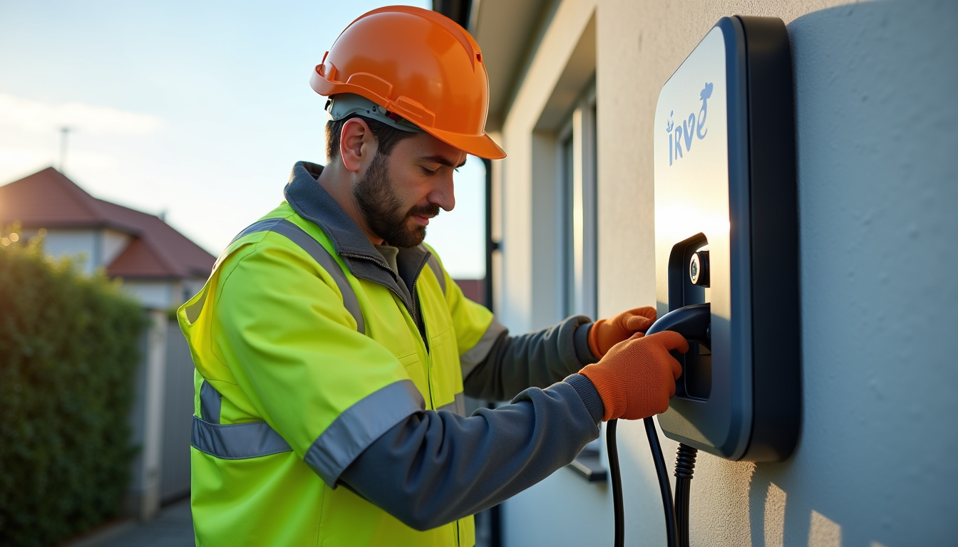 Électricien certifié IRVE en train d'installer une borne à Saint-Romain-de-Popey