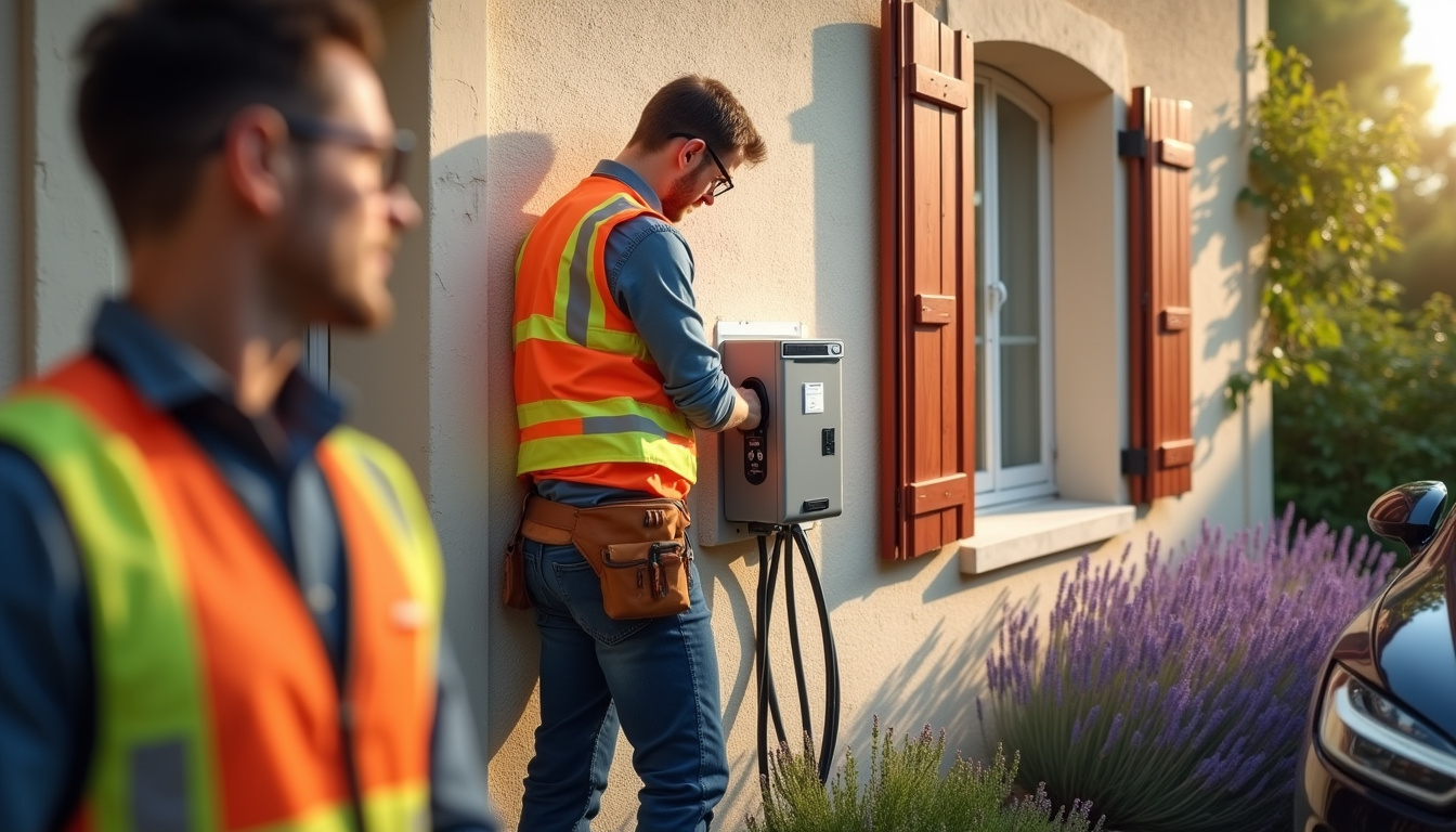 Électricien certifié IRVE en train d’installer une borne de recharge à Argeliers