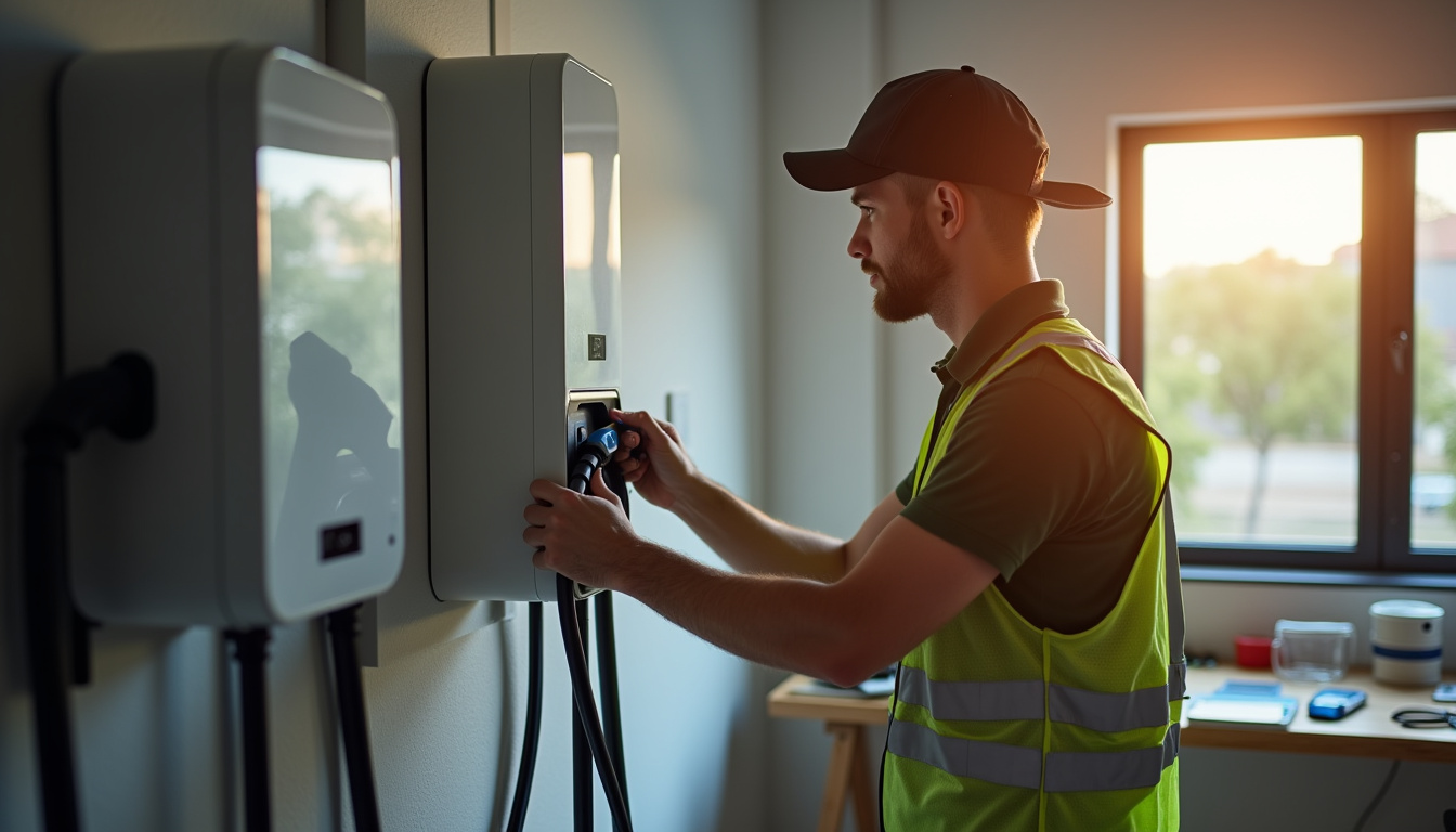 Électricien certifié IRVE en train d'installer une borne de recharge à Chapet