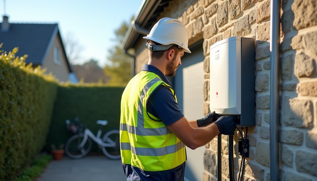 Électricien certifié IRVE en train d'installer une borne de recharge à Gençay