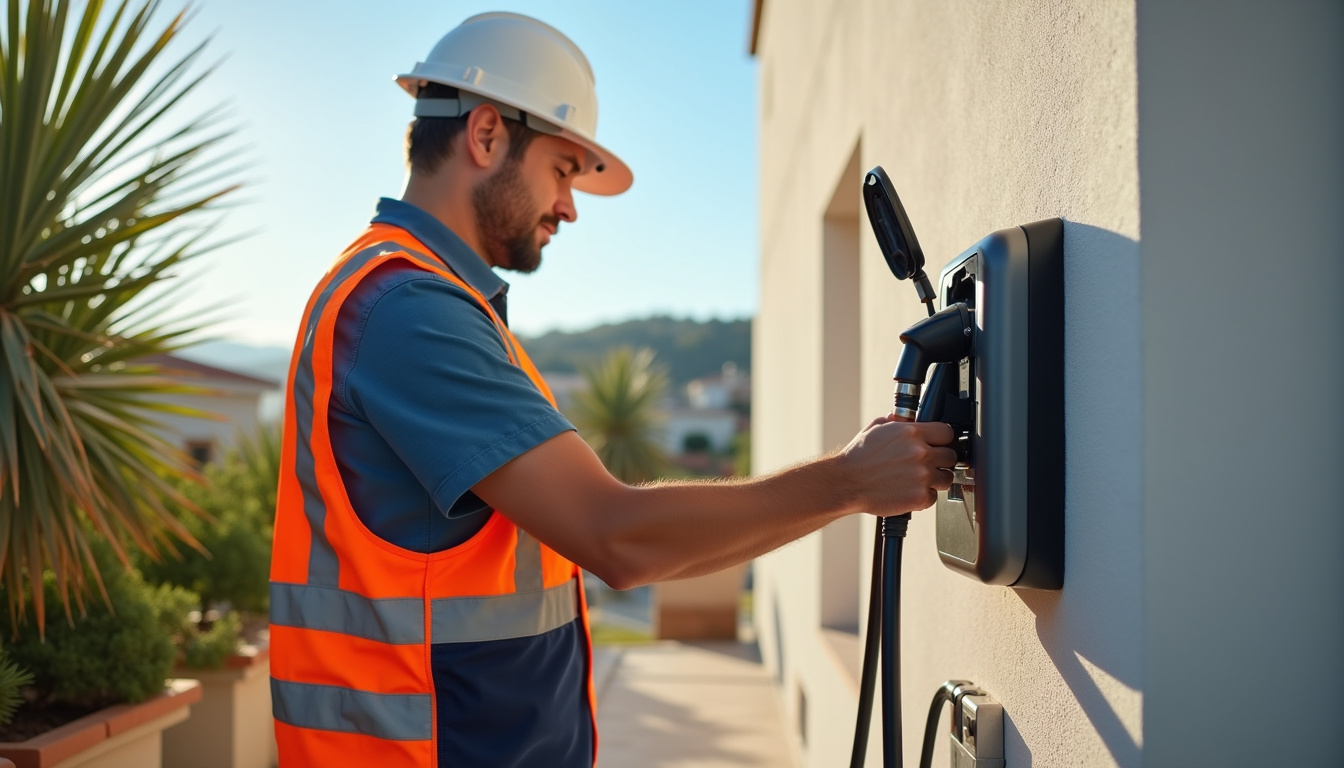 Électricien certifié IRVE en train d'installer une borne de recharge à Le Cannet