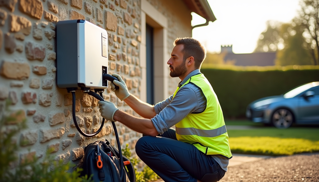 Électricien certifié IRVE en train d'installer une borne de recharge à Neuvy-Pailloux