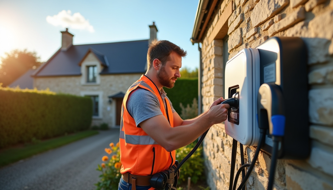 Électricien certifié IRVE en train d'installer une borne de recharge à Plouëc-du-Trieux