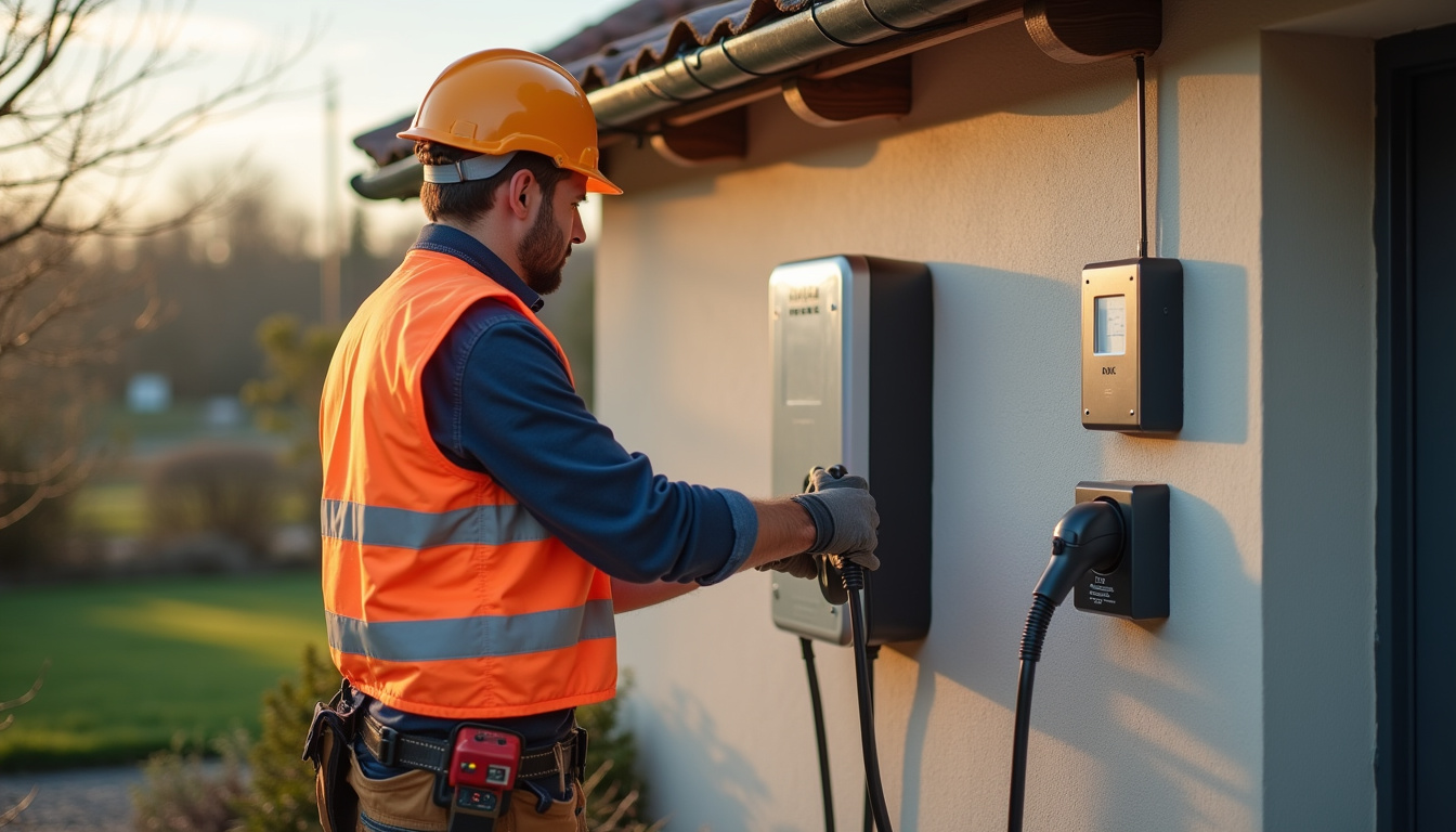 Électricien certifié IRVE en train d'installer une borne de recharge à Russange