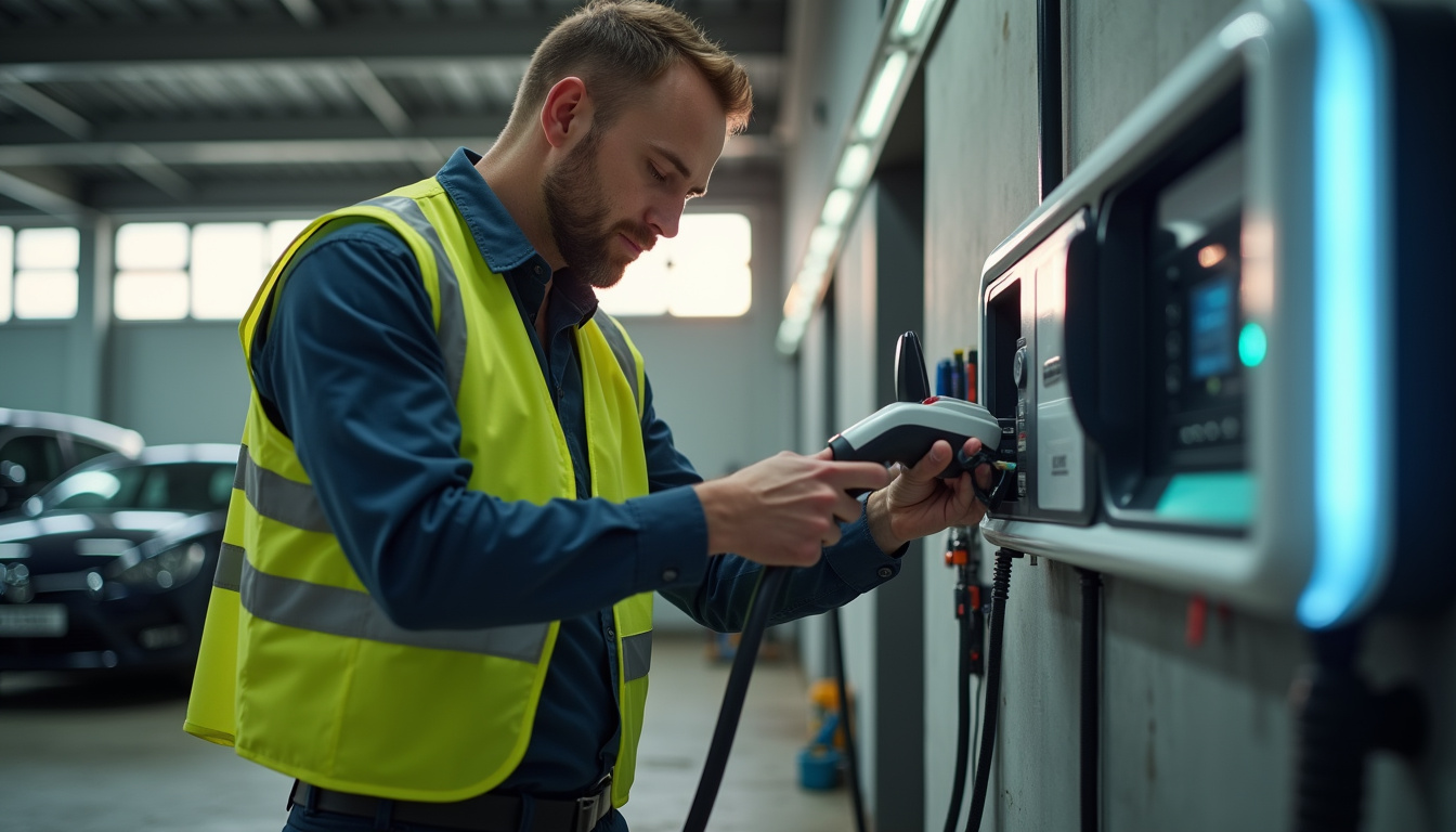 Électricien certifié IRVE en train d'installer une borne de recharge dans un garage à Bury
