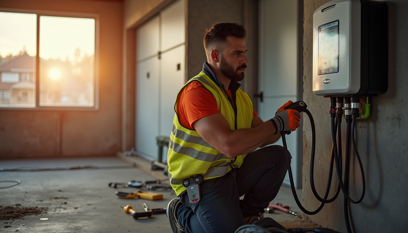 Électricien certifié IRVE en train d'installer une borne de recharge dans un garage à Le Fauga