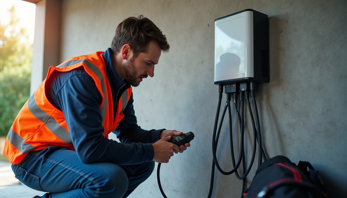 Électricien certifié IRVE en train d'installer une borne de recharge dans un garage à Ottange