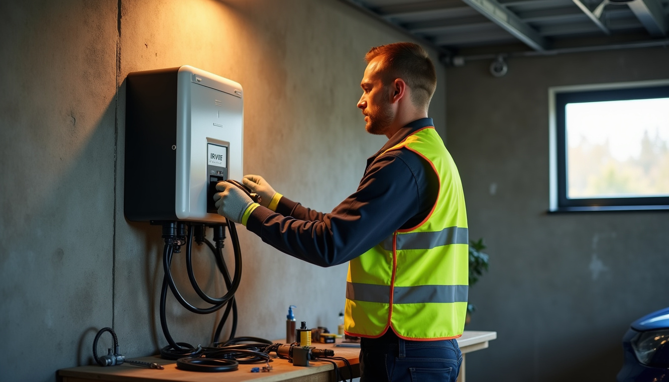 Électricien certifié IRVE en train d’installer une borne de recharge dans un garage privé à Stiring-Wendel