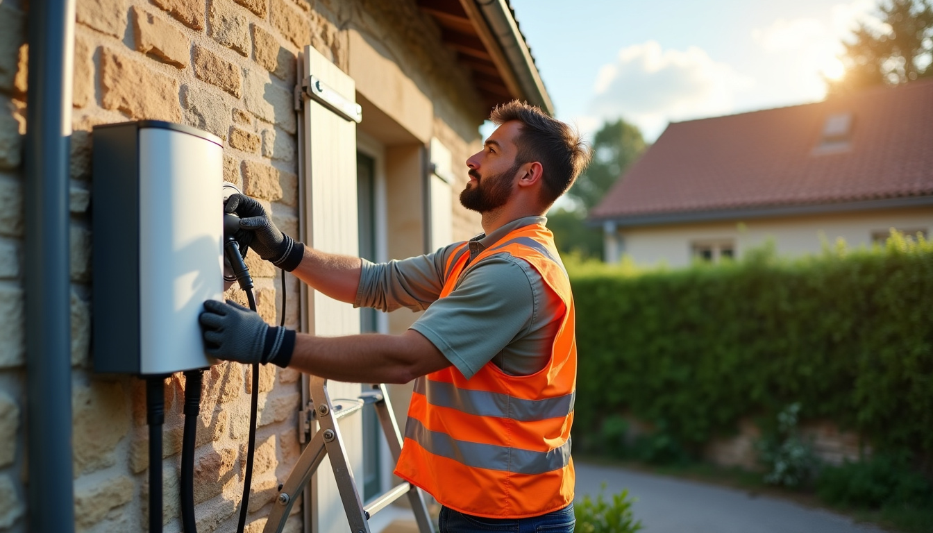 Électricien certifié IRVE en train d’installer une borne de recharge électrique à Sablonceaux