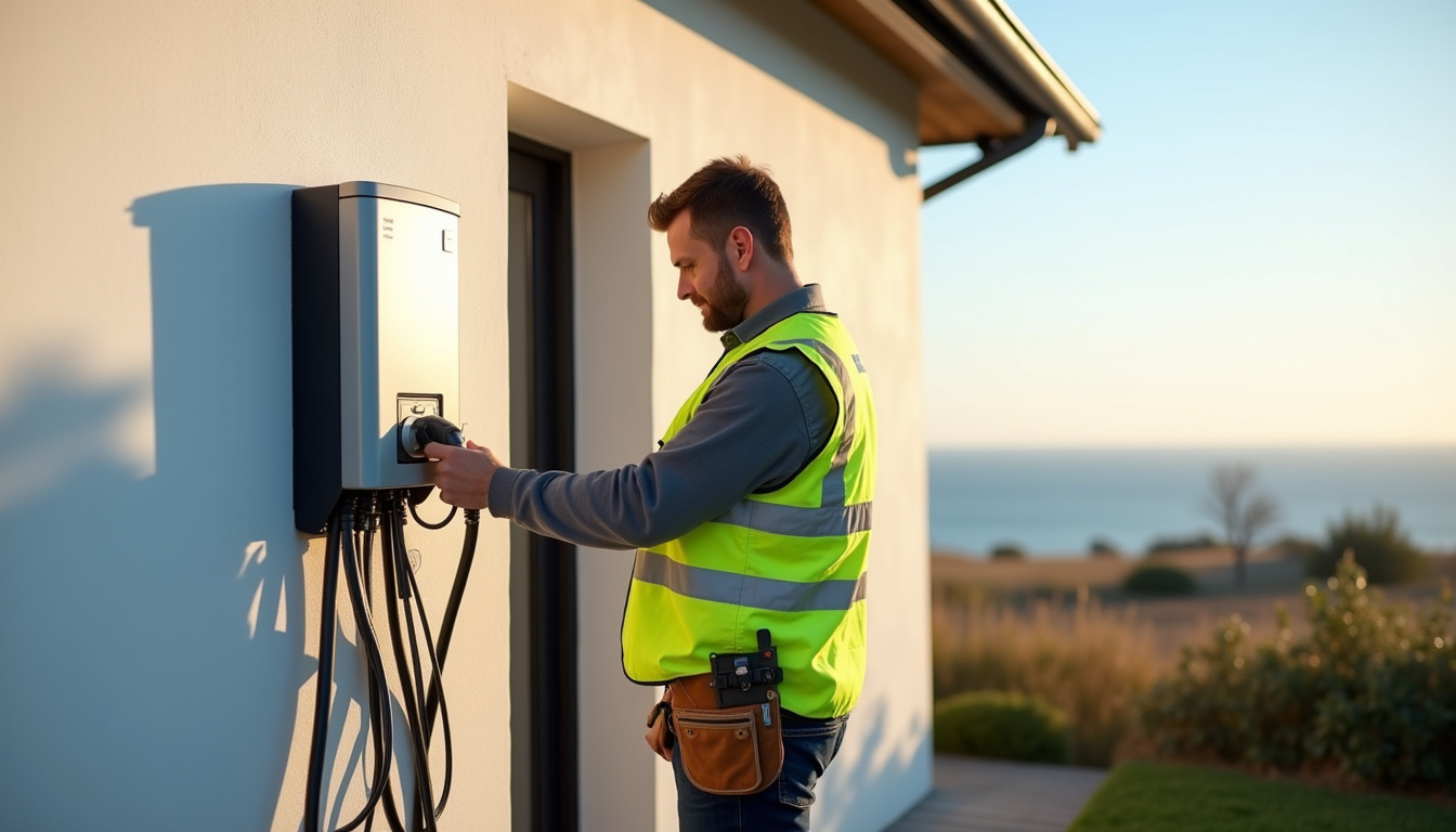 Électricien certifié IRVE en train d'installer une borne de recharge murale à Douarnenez