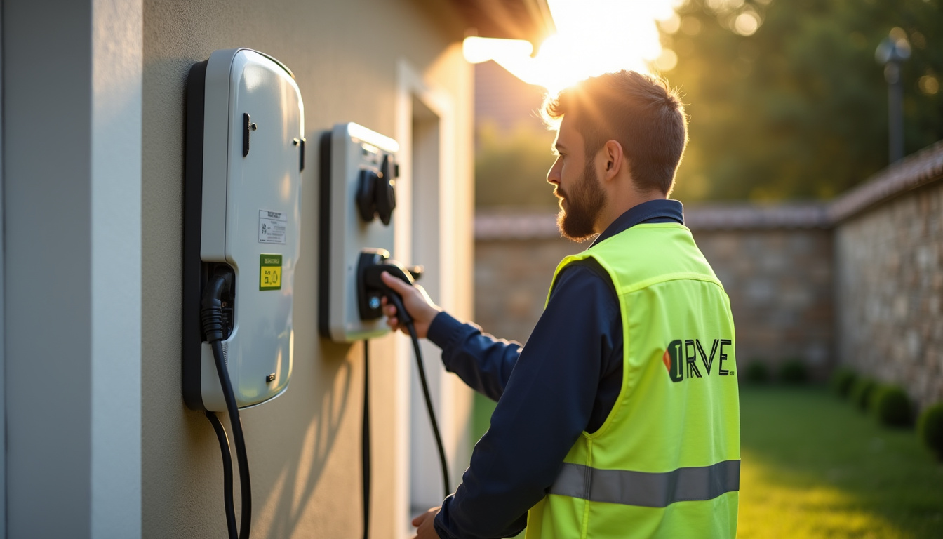 Électricien certifié IRVE en train d’installer une borne de recharge murale
