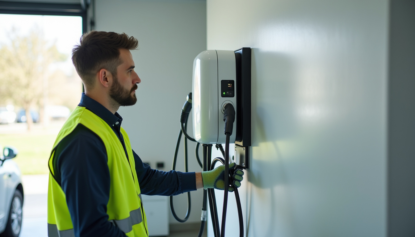 Électricien certifié IRVE en train d'installer une borne de recharge pour véhicule électrique