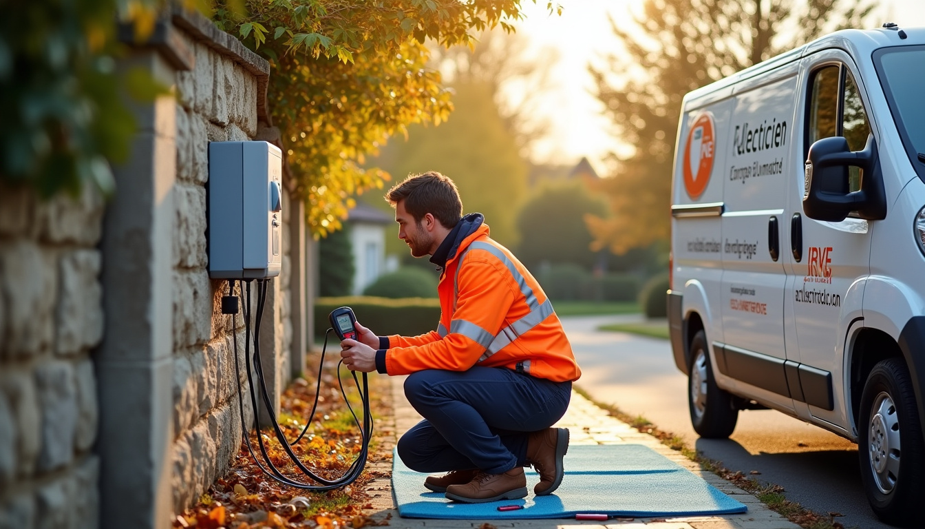 Électricien certifié IRVE en train d'installer une borne électrique à Andilly