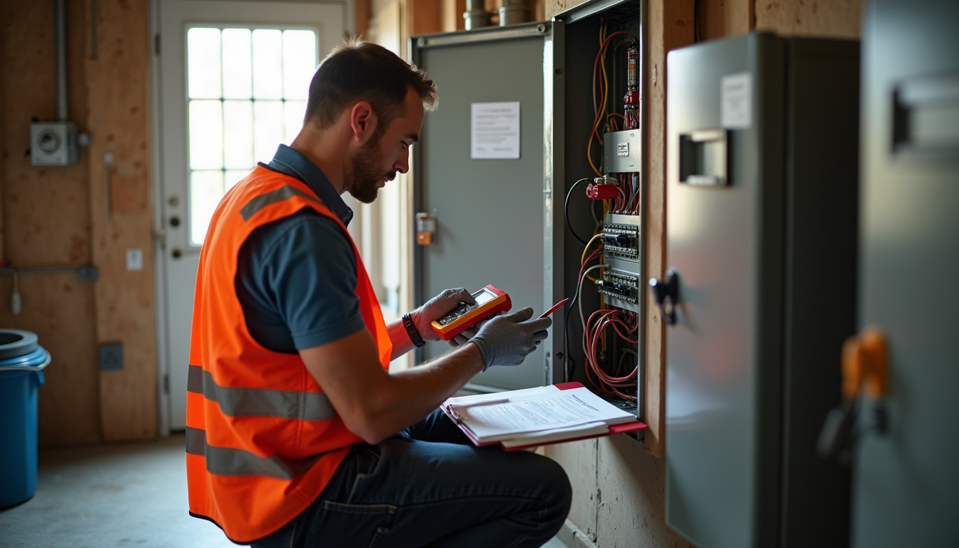 Électricien certifié IRVE réalisant un diagnostic électrique préalable pour installation de borne de recharge