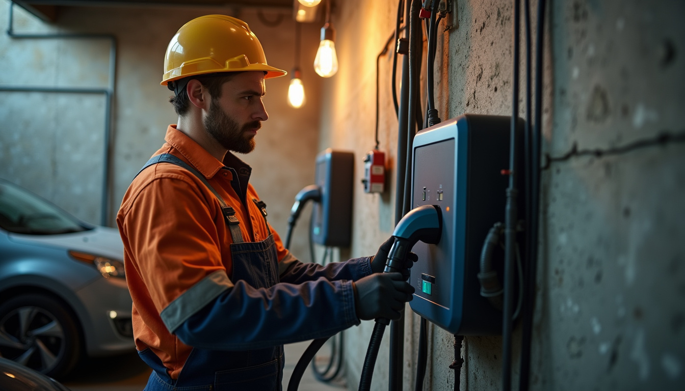 Électricien en tenue de travail installant une borne de recharge dans un garage à Lamarque, avec outils et tableau électrique visible