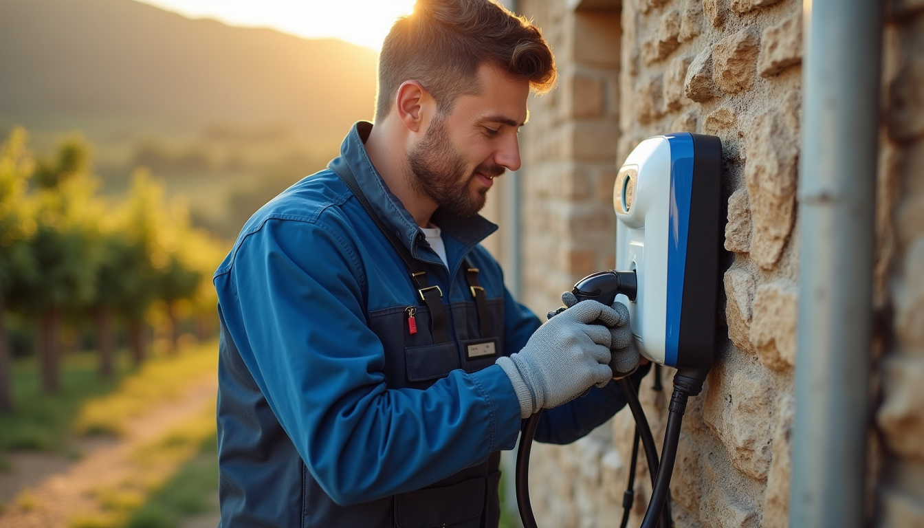 Électricien en train de raccorder une borne de recharge électrique à Rétaud