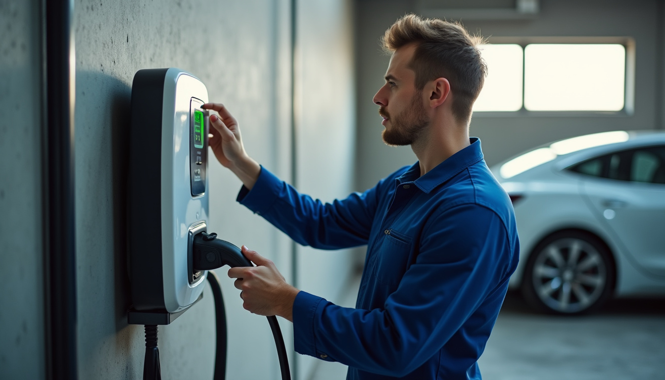 Électricien en train de vérifier le fonctionnement d'une borne de recharge électrique dans un garage