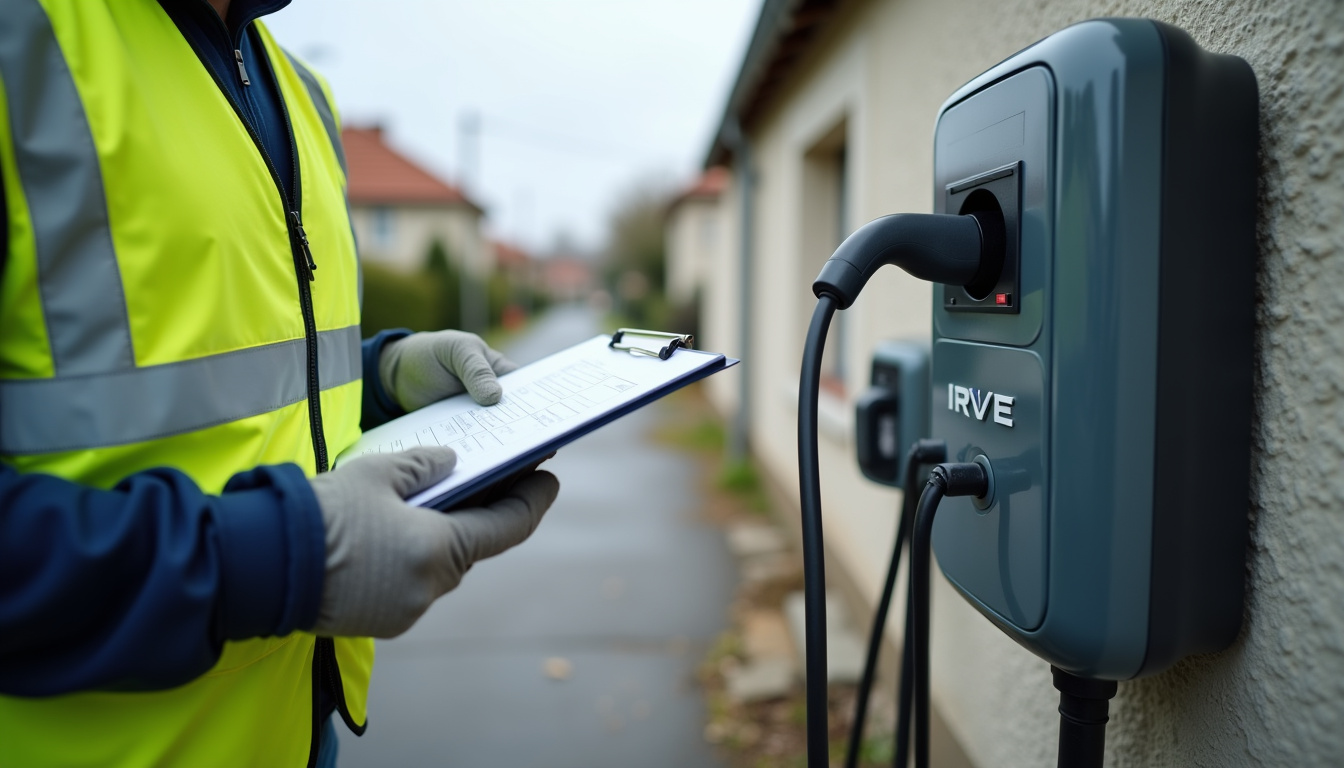 Électricien en train de vérifier les documents de certification IRVE lors d'une installation