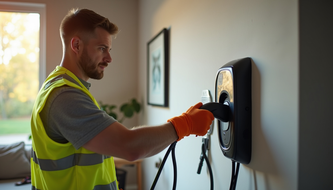 Électricien en train de vérifier une borne de recharge murale lors d'une installation à domicile