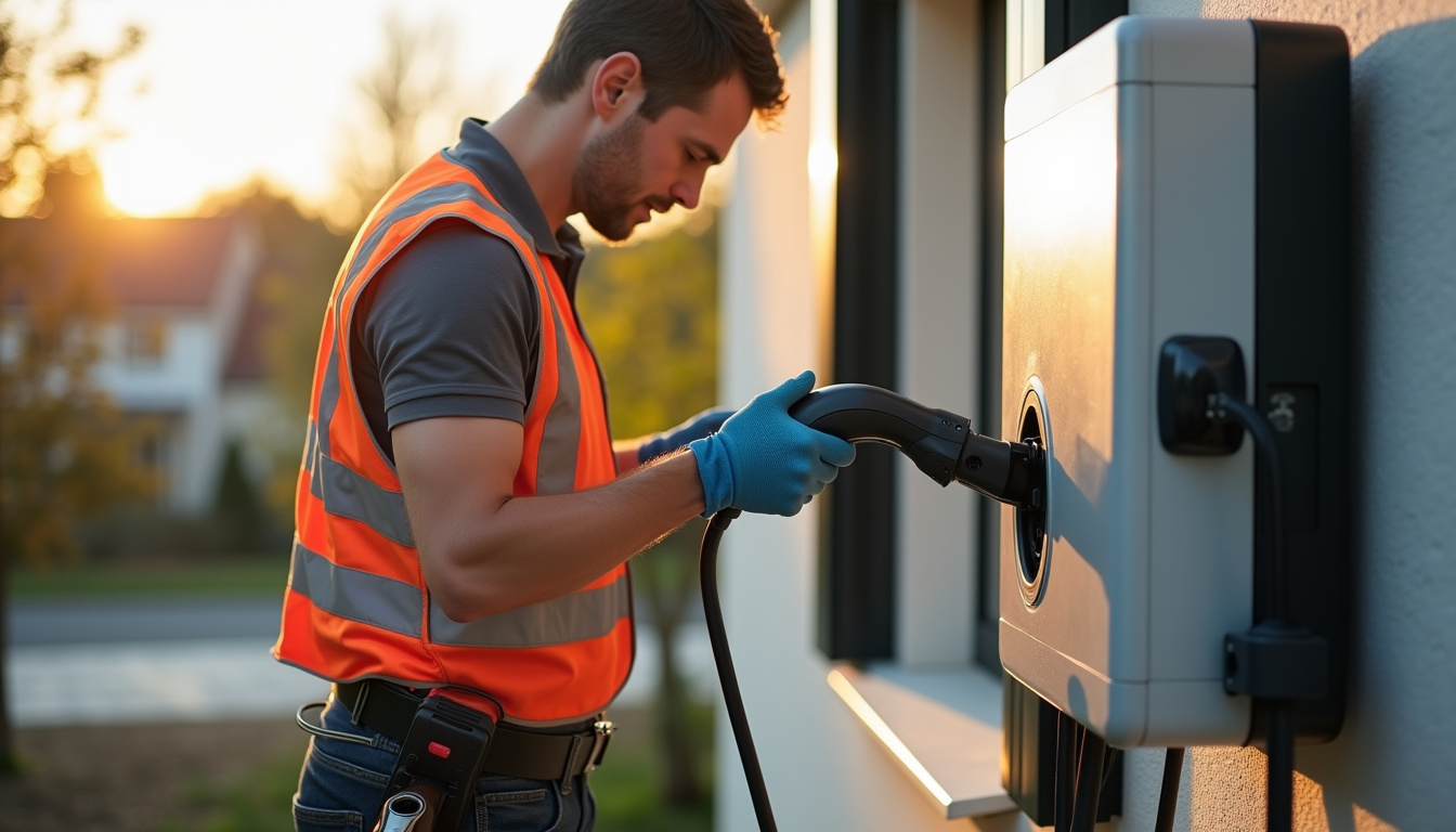 Électricien en train d'installer une borne de recharge à Chissay-en-Touraine