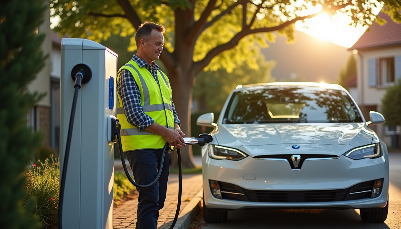 Électricien en train d'installer une borne de recharge à côté d'un véhicule électrique dans le Bas-Rhin