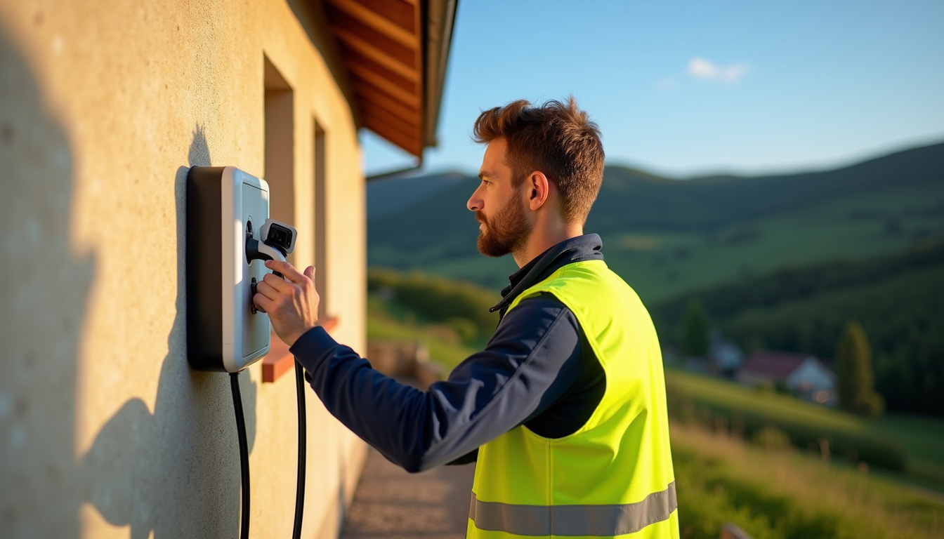Électricien en train d’installer une borne de recharge à Effiat, Puy-de-Dôme