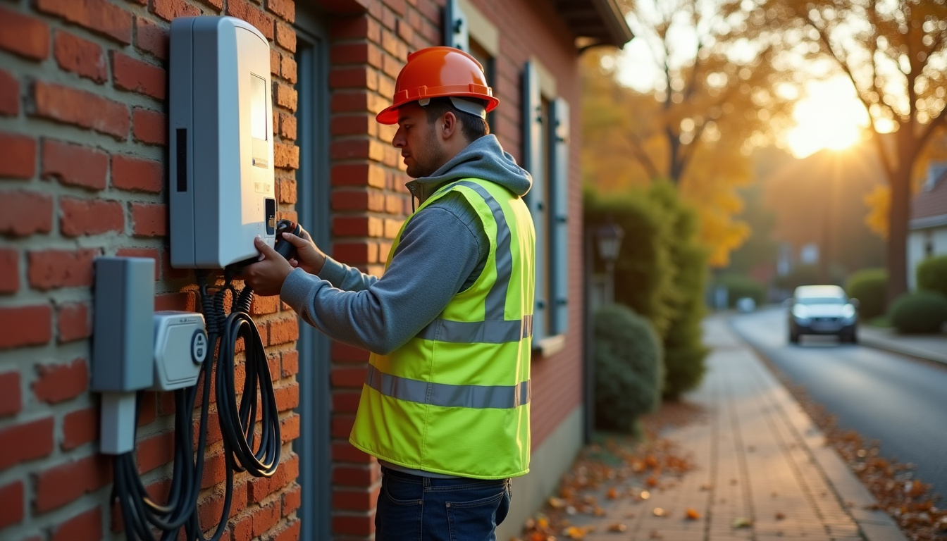 Électricien en train d'installer une borne de recharge à Grez-sur-Loing