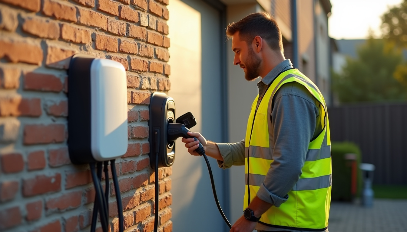 Électricien en train d'installer une borne de recharge à Lormont